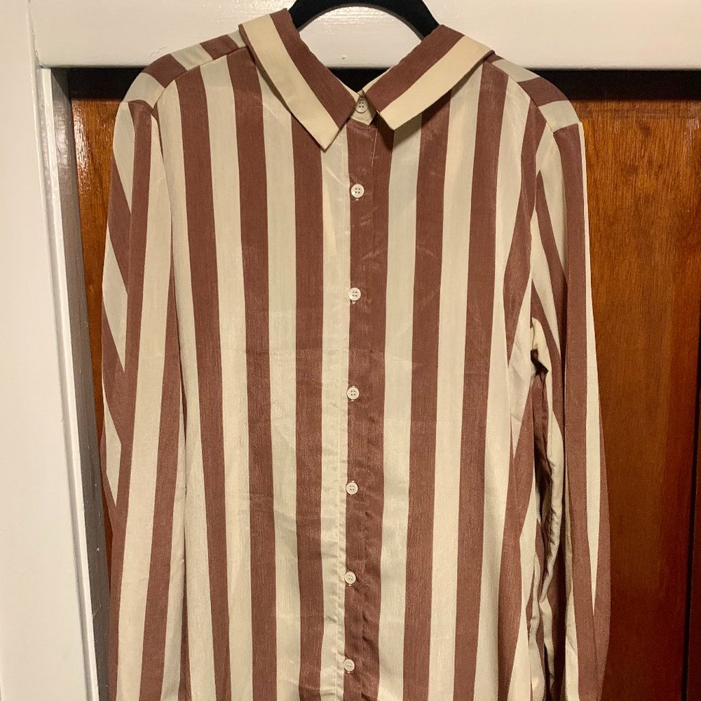 Need Supply Stelen Oversize Brown and White Striped Blouse, Medium